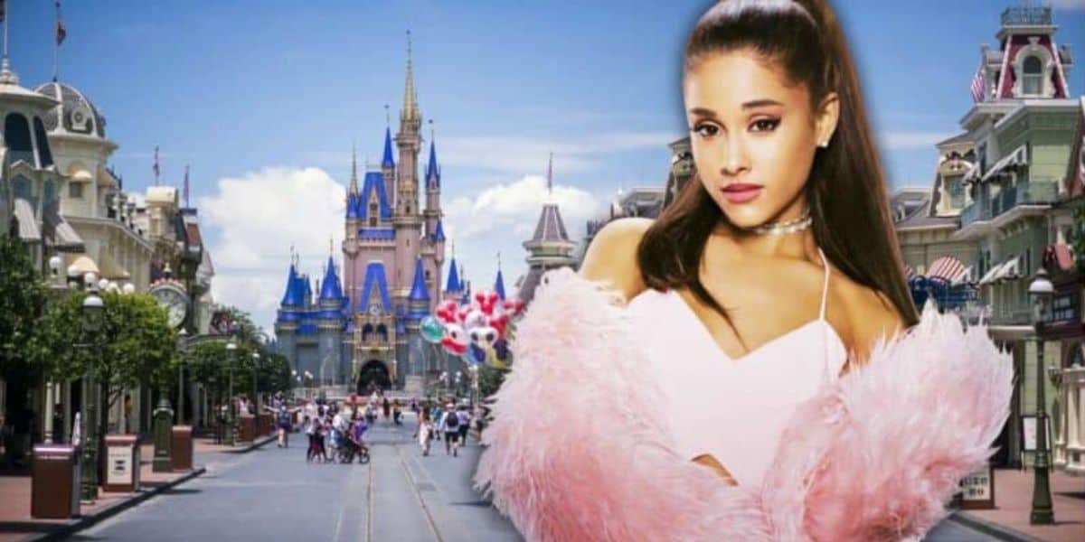 Ariana Grande in front of Cinderella Castle