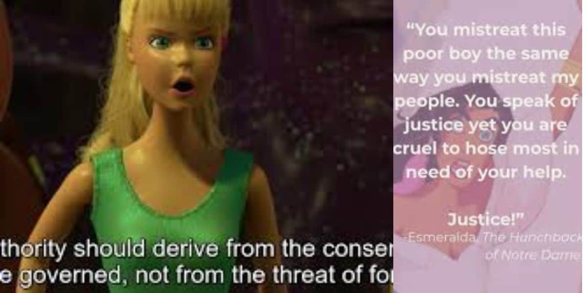 Barbie appears on screen with subtitles, next to a viral post spotlighting Esmeralda’s anti-fascist quote from Disney’s Hunchback.