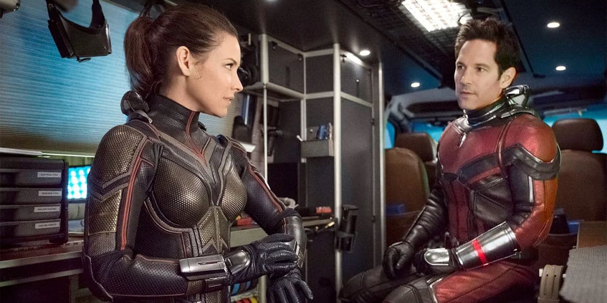 Hope van Dyne/Wasp and Scott Lang/Ant-Man look at each other