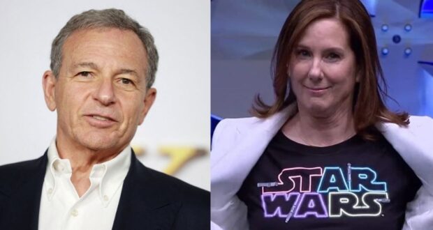 Bob Iger in a suit stands alongside a woman in Star Wars apparel, reflecting Disney’s entertainment and park culture.