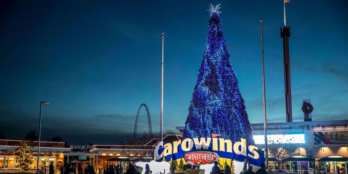 Christmas tree at the entrance of Carowinds for its Winterfest