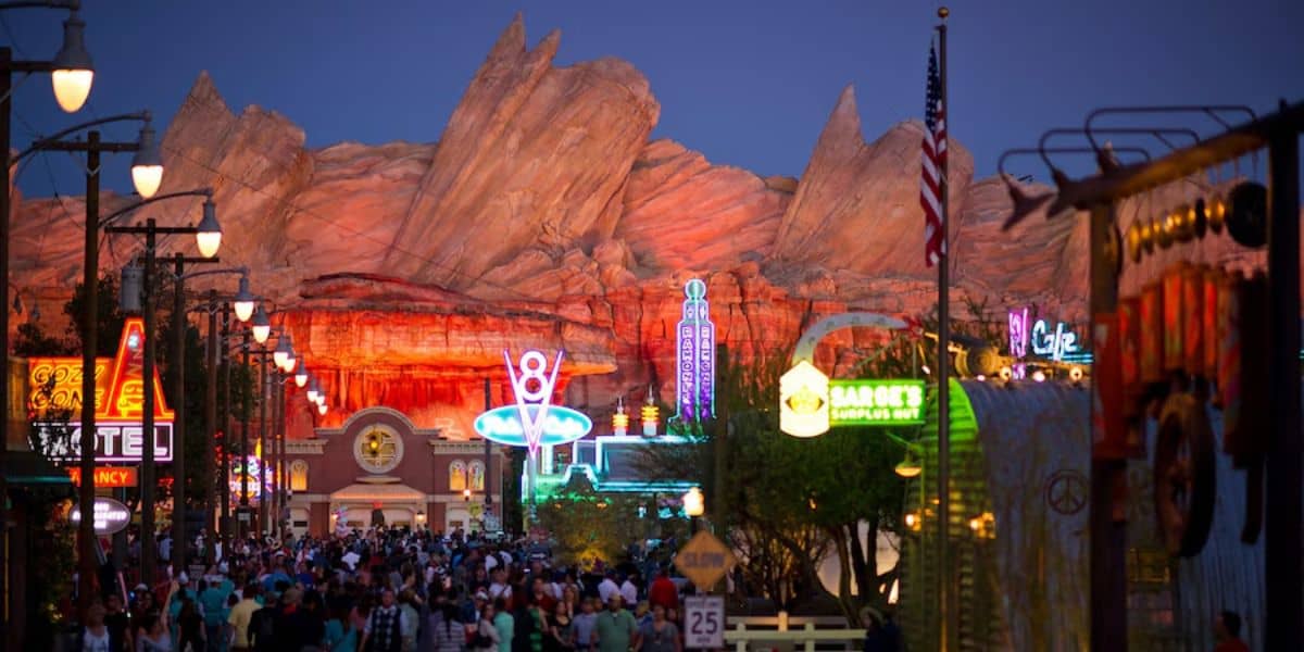 Cars Land at nighttime