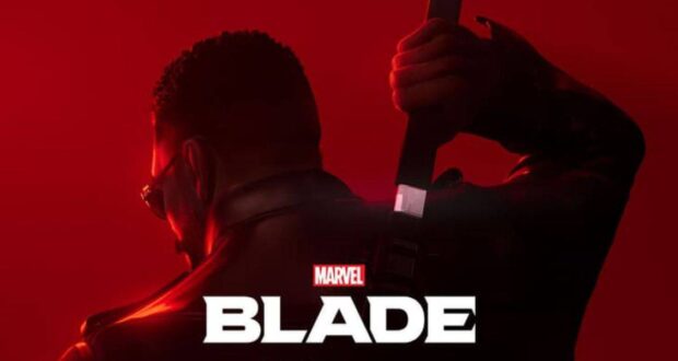 Blade poses with a sword and sunglasses on a dynamic red backdrop, with "Marvel Blade" below, teasing MCU thrills ahead.