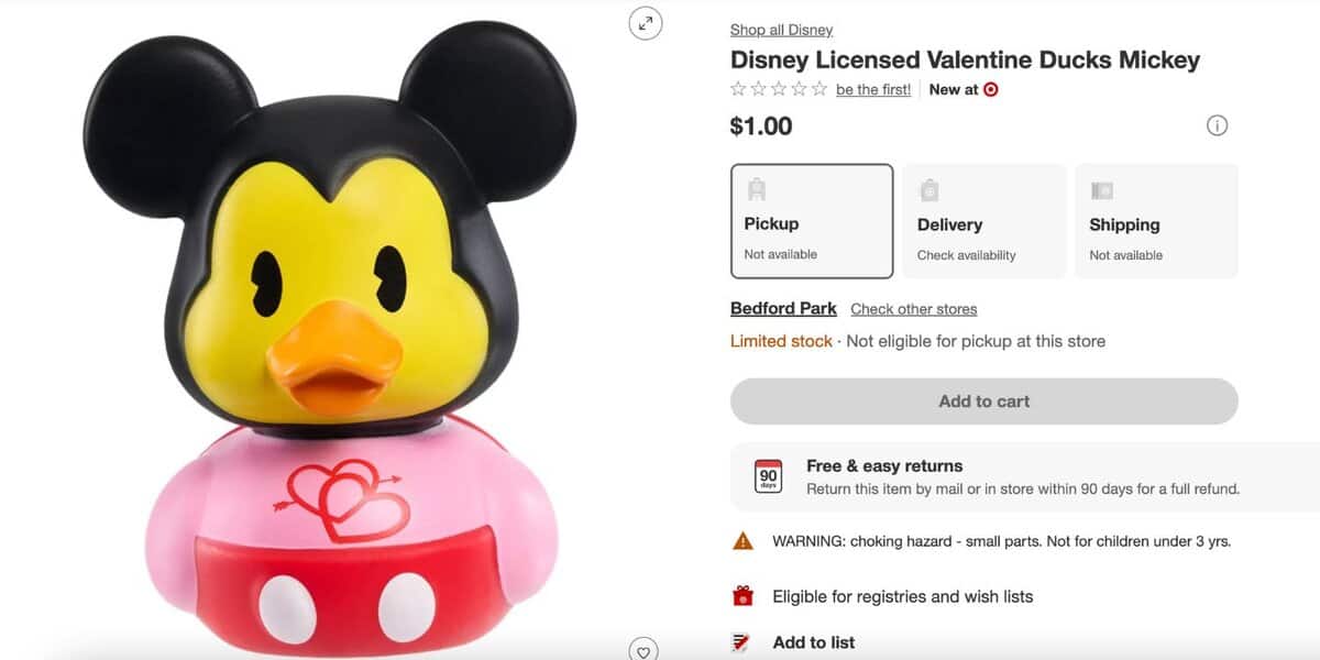 Mickey Mouse-inspired rubber duck in a Valentine's Day Outfit. The item costs $1 at Target.