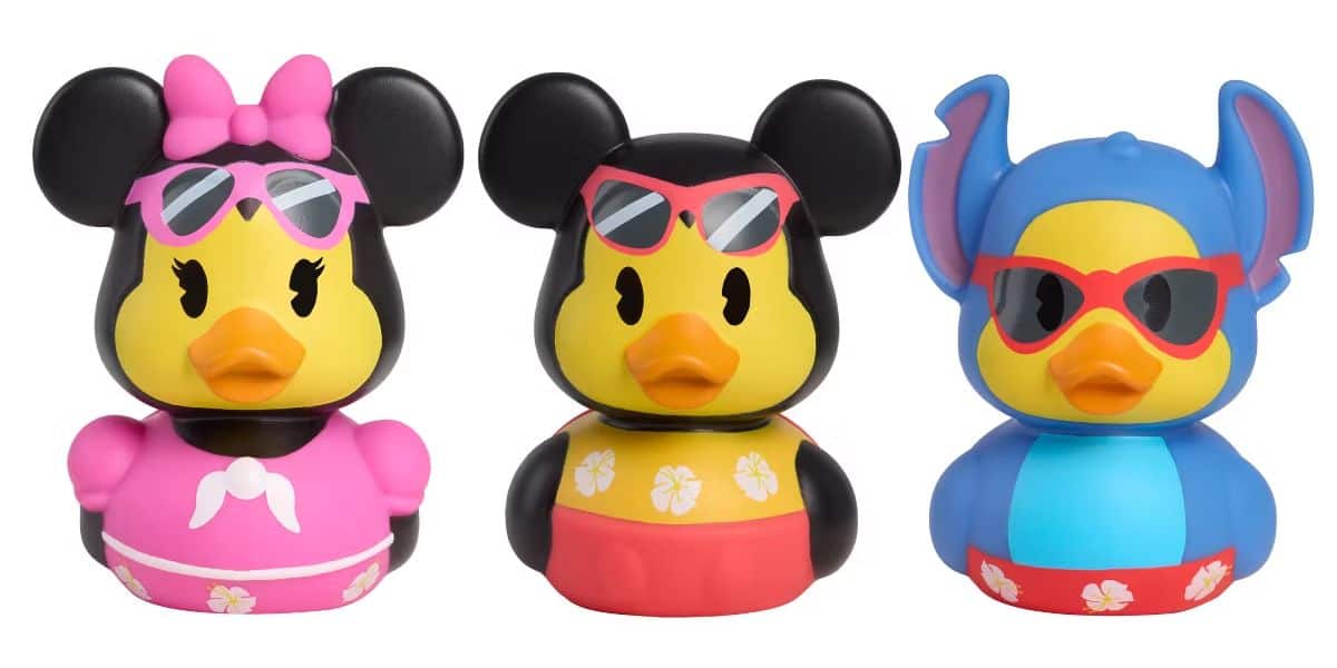 Rubber ducks styled as Minnie, Mickey, and Stitch in summer gear, from Target