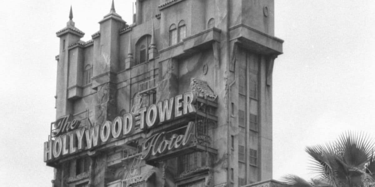 A black and white photo of the Tower of Terror.