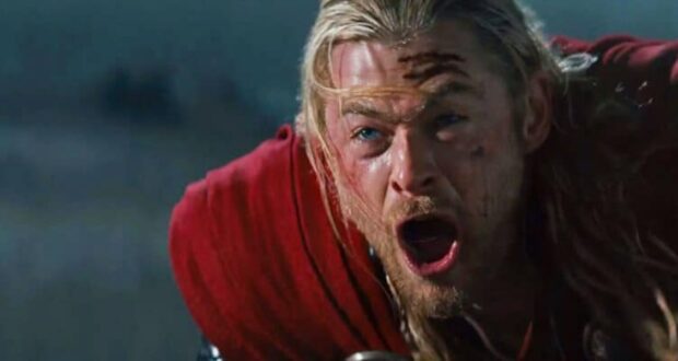 Chris Hemsworth as Thor, shouting "No!"