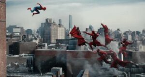 Spider-Man bounds from a rooftop at Marvel Super Hero Island, sending red-clad foes flying with his signature acrobatic flair.