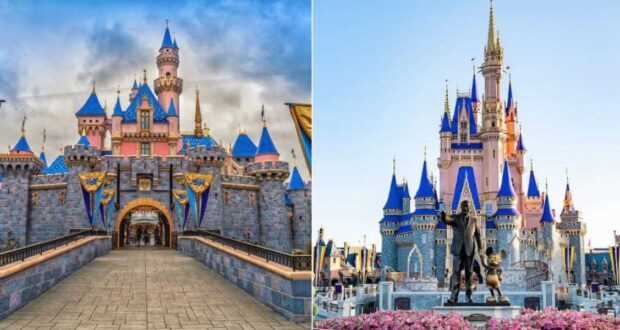 A split image showing two iconic Disney castles highlights the Disneyland v Disney World distinction. The left side features Sleeping Beauty Castle at Disneyland with a bridge and colorful flags, while the right showcases Cinderella Castle at Walt Disney World with Walt Disney and Mickey Mouse in the foreground. Rising gas prices Disney vacation travel