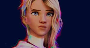 Gwen Stacy-inspired animated character with blonde hair and blue eyes at Marvel’s 2026 attraction, set against a dark blue backdrop.