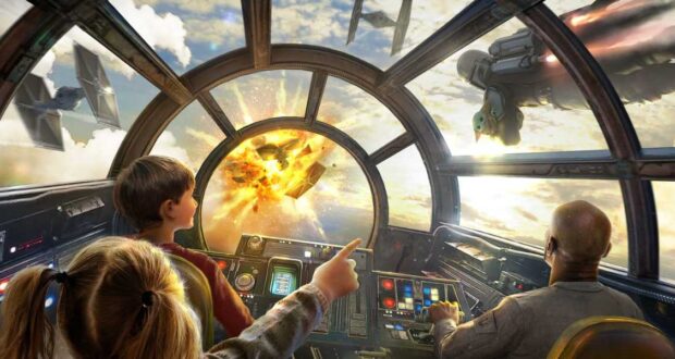 Mando and Grogu join a thrilling Star Wars spaceship ride, watching an epic space battle unfold outside their cockpit window.
