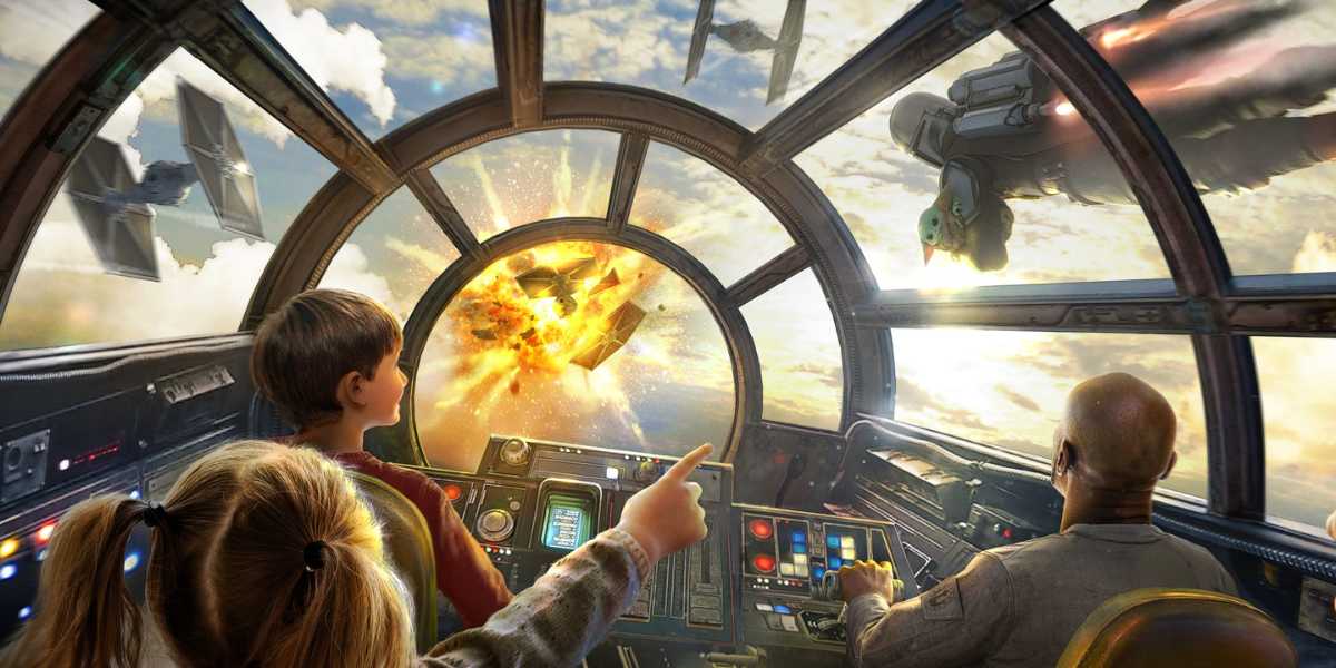 Mando and Grogu join a thrilling Star Wars spaceship ride, watching an epic space battle unfold outside their cockpit window.