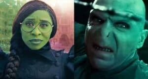 Split image: She-Hulk with glasses on the left; female Voldemort from HBO’s Harry Potter series on the right.