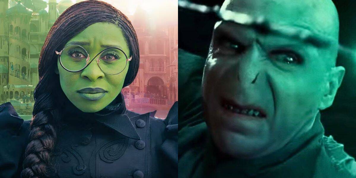 Split image: She-Hulk with glasses on the left; female Voldemort from HBO’s Harry Potter series on the right.