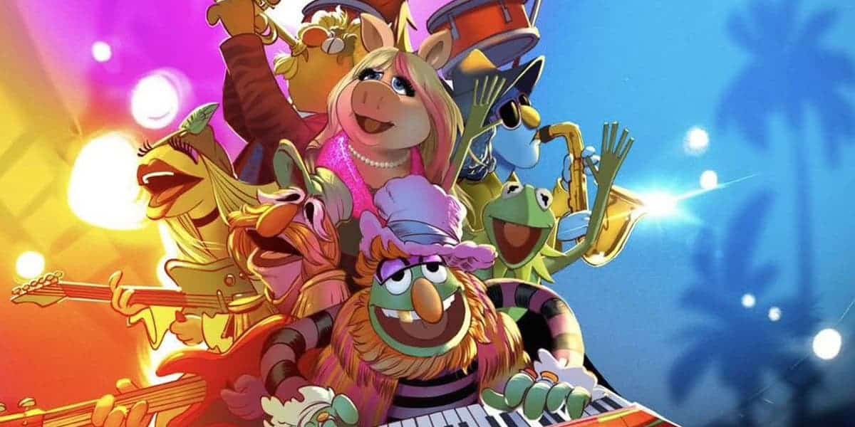 The Muppets perform live on a vibrant stage at a theme park, playing instruments and delighting the audience with their energy.