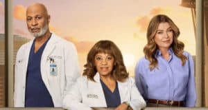 Three doctors pose in front of Seattle’s skyline and the Space Needle at dusk, channeling classic Grey’s Anatomy excitement.