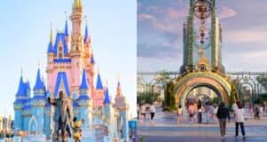 a split image. on the left, cinderella castle at walt disney world and on the right, the entrance to epic universe's super nintendo world