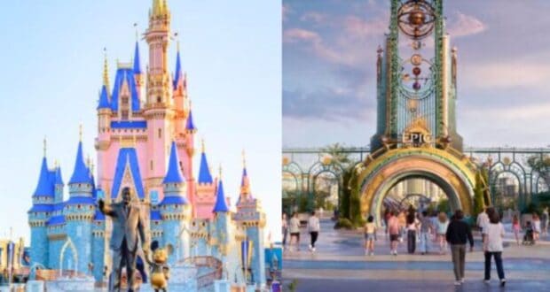 a split image. on the left, cinderella castle at walt disney world and on the right, the entrance to epic universe's super nintendo world
