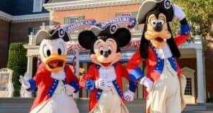 Mickey, Donald, and Goofy don colonial outfits at The American Adventure for Disney's 250th birthday and July 4th park celebrations.