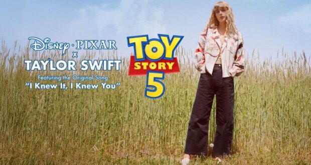 Taylor Swift in a grassy field beside the Toy Story 5 logo and Disney Pixar branding, promoting her song for the film.