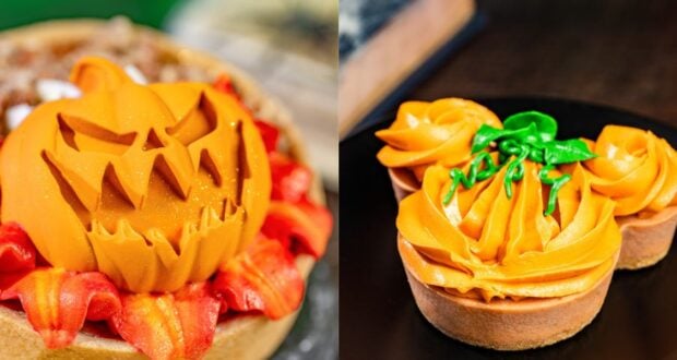 Pumpkin-themed treats topped with vibrant orange frosting and classic jack-o’-lantern faces, inspired by the latest Magic Kingdom menu updates at Disney World.