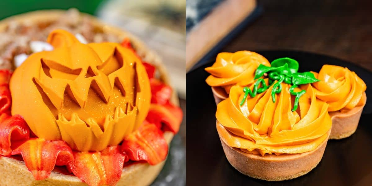 Pumpkin-themed treats topped with vibrant orange frosting and classic jack-o’-lantern faces, inspired by the latest Magic Kingdom menu updates at Disney World.