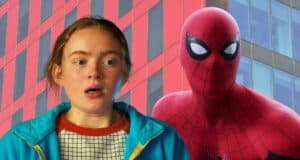 Sadie Sink-style heroine caught in a dramatic reveal moment, posing with Spider-Man outside a striking glass-and-red building that channels the excitement and action-packed atmosphere found in Marvel attractions at major theme parks.