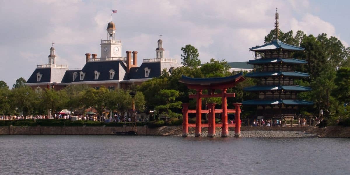 The Japan and American Adventure Pavilions at EPCOT as seen across the World Showcase Lagoon