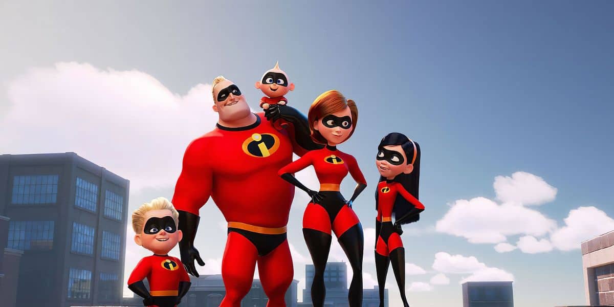 The Incredibles family strikes a heroic pose in their iconic red suits against a vibrant city backdrop with a bright blue sky and fluffy clouds, ready to wow guests at Pixar Pier.