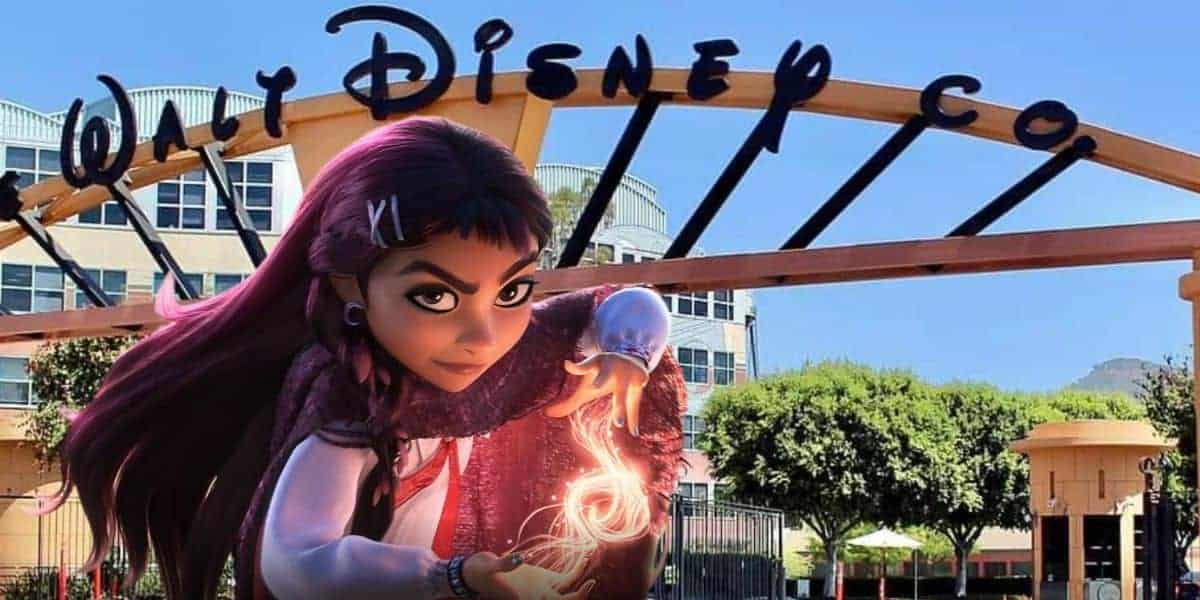 An enchanted animated character, glowing with magical energy, greets fans outside the iconic Walt Disney Studios entrance, with lush trees framing the scene—setting the stage for spellbinding reveals and unforgettable moments at D23 2026.