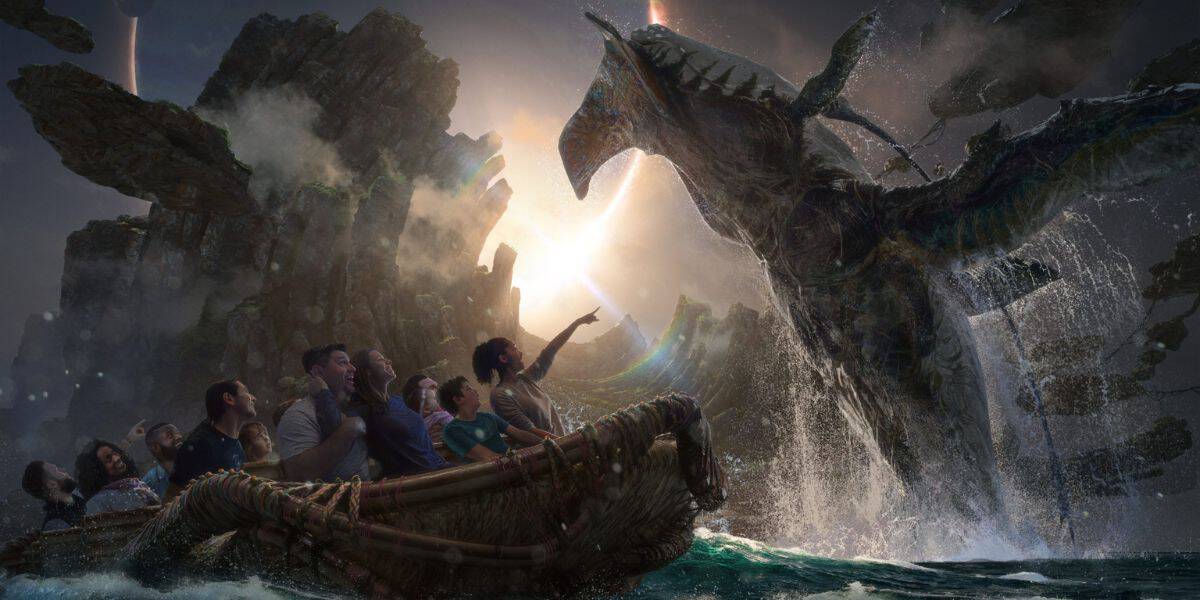 Guests aboard a thrilling raft ride gasp and scream as an enormous dragon animatronic emerges from the water, drenching everyone in a spectacular splash at the heart of an adventure-themed attraction.