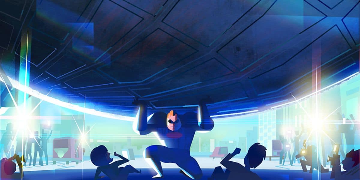 Superman hoists an enormous prop above his head during the live-action stunt show, thrilling the packed audience as spotlights sweep dramatically across the stage.