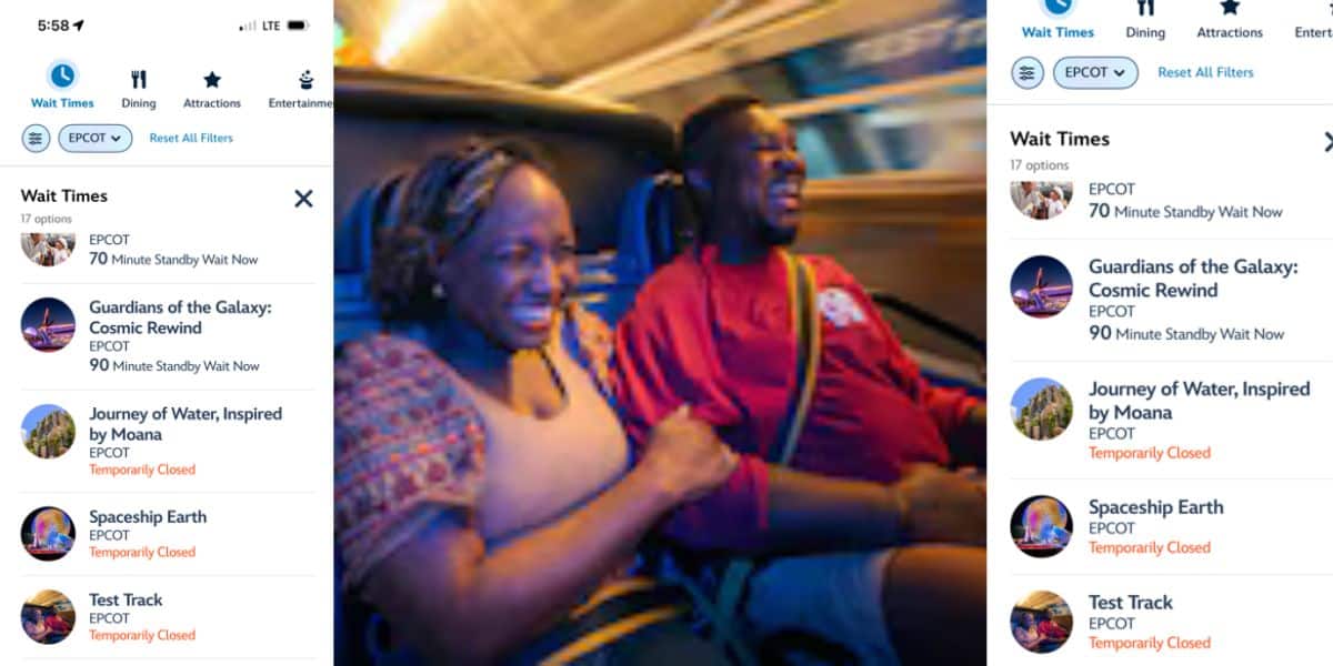 Guests enjoying a thrilling Disney ride, beaming with excitement, while the digital wait time board displays current attraction wait times and highlights a few temporarily closed rides.