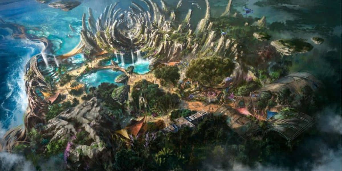 An exhilarating theme park island featuring dramatic spiky rock formations, cascading waterfalls, sparkling pools, and sleek futuristic attractions—all surrounded by shimmering water for an immersive entertainment adventure.