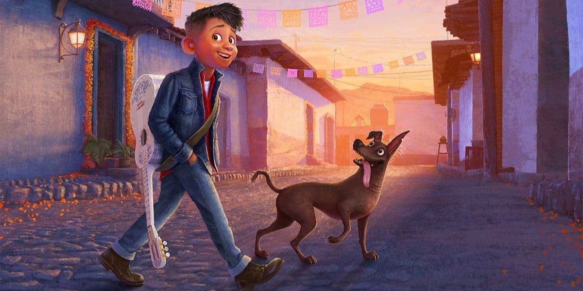 A young guest carrying a guitar case strolls alongside an excited pup down a vibrant, parade-filled avenue, bathed in the golden glow of sunset at the theme park.