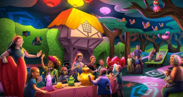 Guests of all ages enjoy an enchanting tea party in Wonderland Gardens, surrounded by vibrant fantasy trees and dazzling lights.