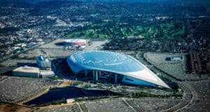 Aerial view of the Super Bowl LXI host venues, SoFi Stadium and the Kia Forum, in Inglewood, California.