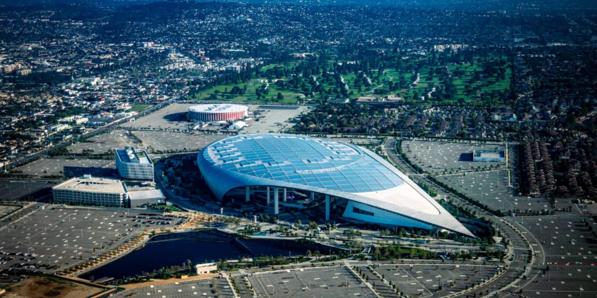 Aerial view of the Super Bowl LXI host venues, SoFi Stadium and the Kia Forum, in Inglewood, California.