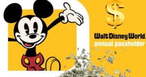 Mickey Mouse standing next to a large dollar sign and falling money, illustrating recent price hikes at Disney World.