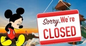Mickey Mouse looking sad next to a “Sorry, We’re CLOSED” sign during Walt Disney World road closures.