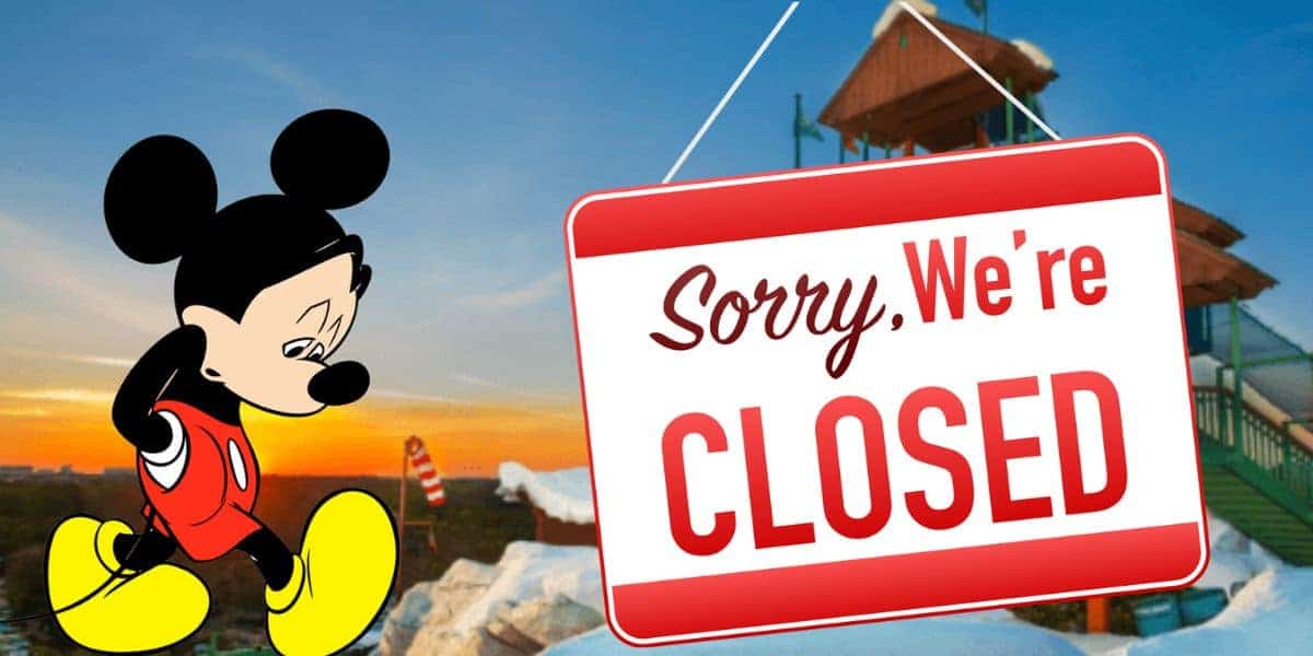 Mickey Mouse looking sad next to a “Sorry, We’re CLOSED” sign during Walt Disney World road closures.