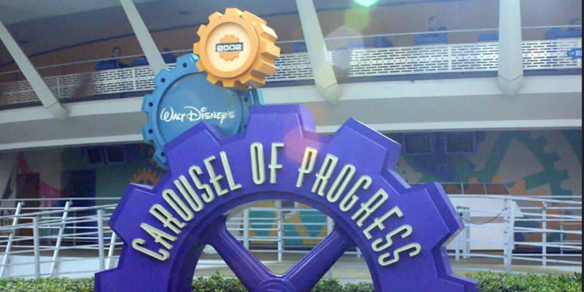 The Carousel of Progress sign at Magic Kingdom, a classic attraction featured during Disney World holiday closures.