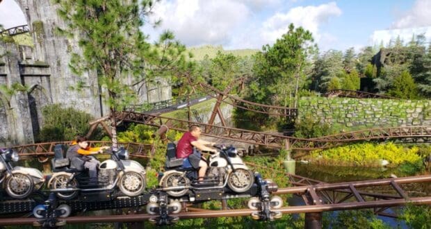 Riders on Hagrid’s Magical Creatures Motorbike Adventure at Universal Orlando.