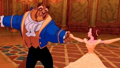 Belle and the Beast dancing in the ballroom at Walt Disney World.