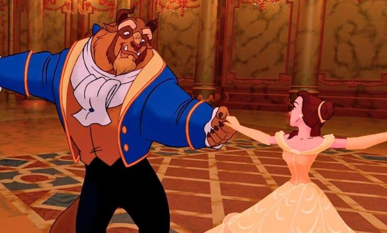 Belle and the Beast dancing in the ballroom at Walt Disney World.