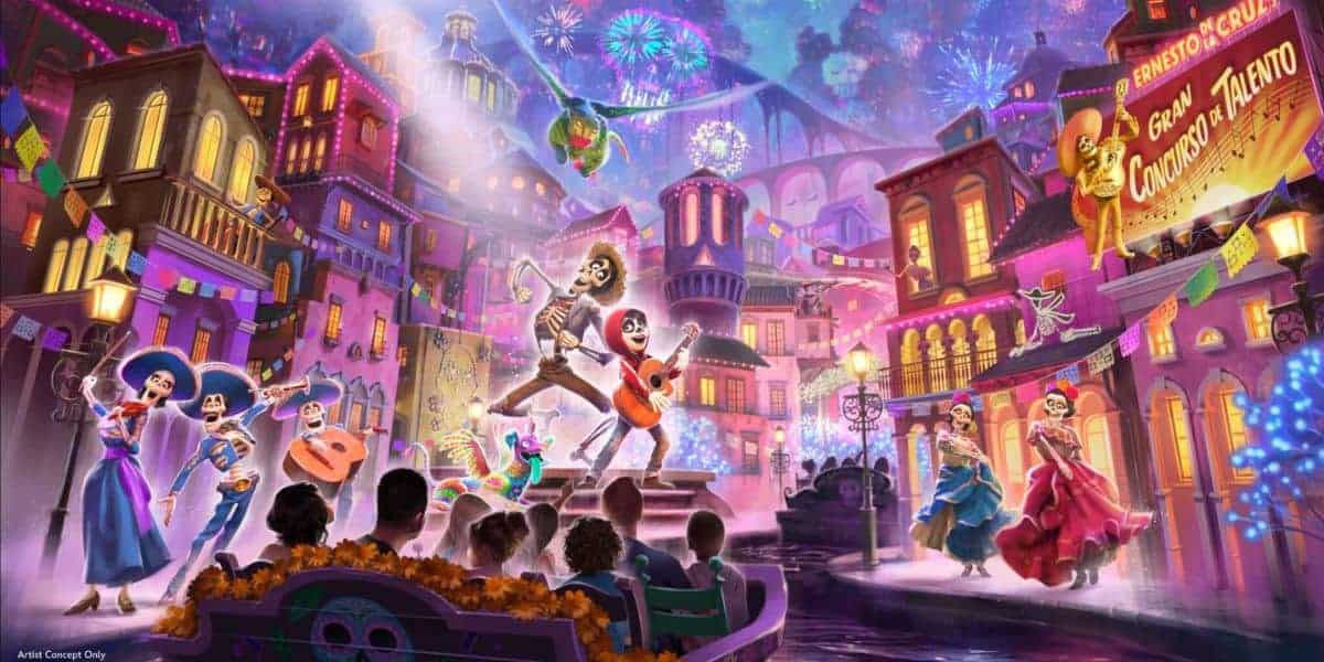 Miguel and Hector performing on stage in the Land of the Dead during the Coco attraction.