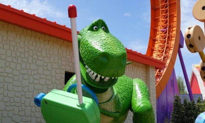 Rex with a walkie-talkie at Toy Story Land in Disney’s Hollywood Studios.