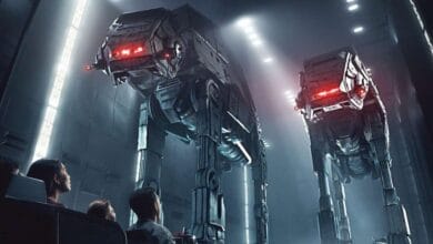 Guests face two AT-AT walkers on Star Wars: Rise of the Resistance at Disney’s Hollywood Studios.