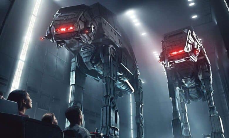 Guests face two AT-AT walkers on Star Wars: Rise of the Resistance at Disney’s Hollywood Studios.