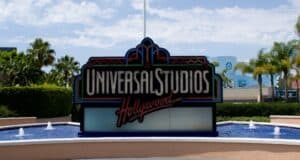 Universal Studios Hollywood sign and fountain during a holiday weekend.